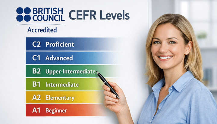 Teacher pointing to CEFR scale 2